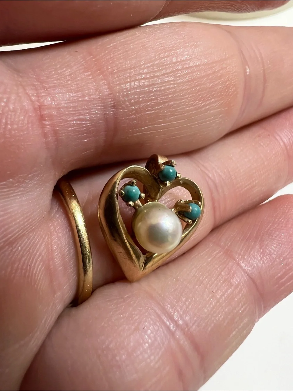 14K Gold Heart Pearl and Turquoise Accent Pendant